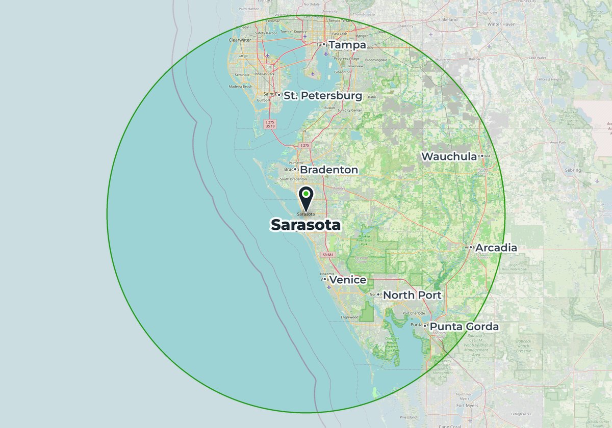 Map of the Express Air Duct Cleaning service area around Sarasota, FL